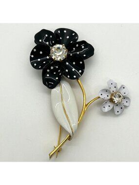 Vintage Avon Spectator Brooch Black & White Enamel Polka Dot Flower Rhinestone